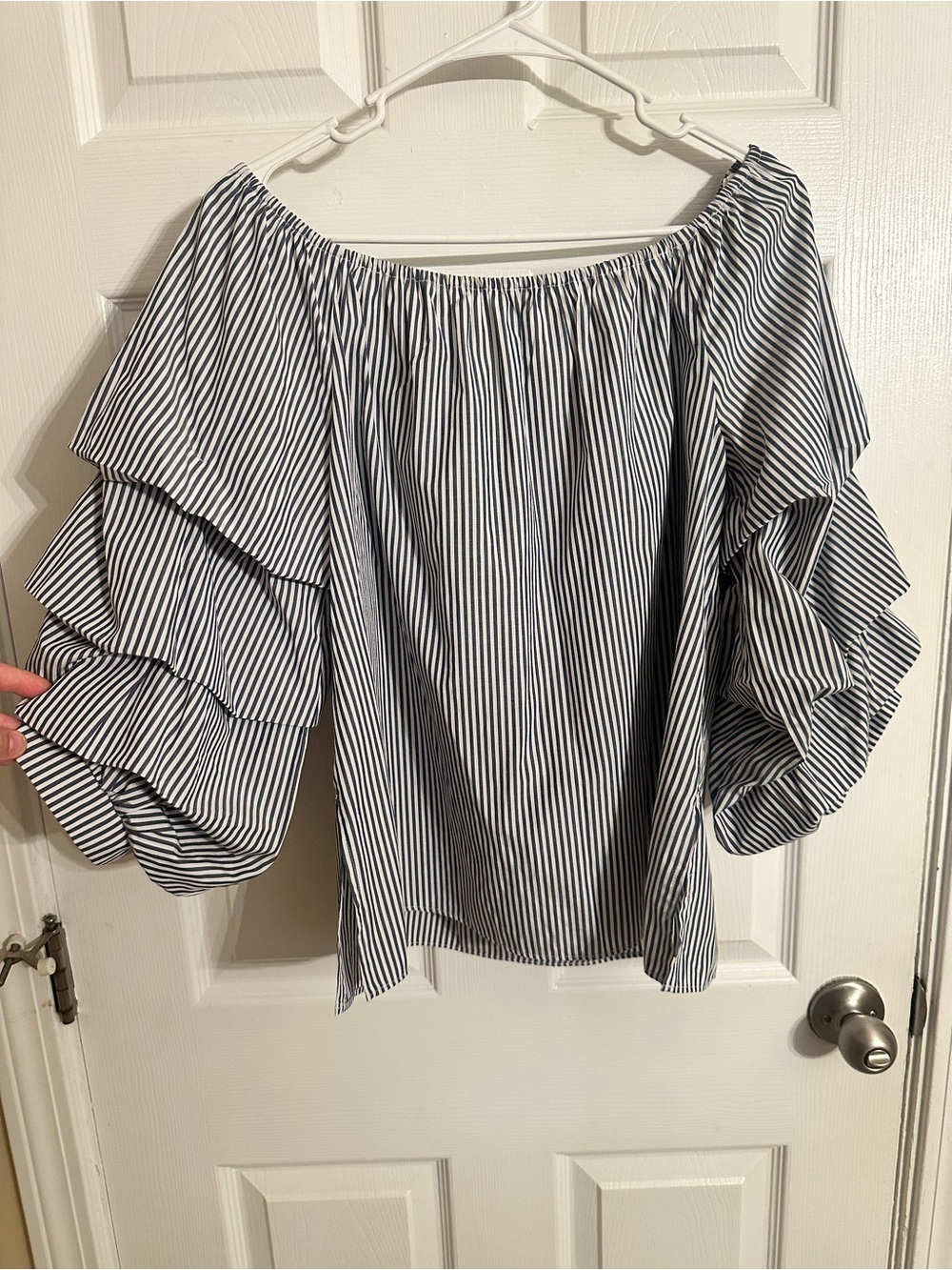 Eve Navy and White Striped Off-Shoulder Ruffle Sleeve Blouse